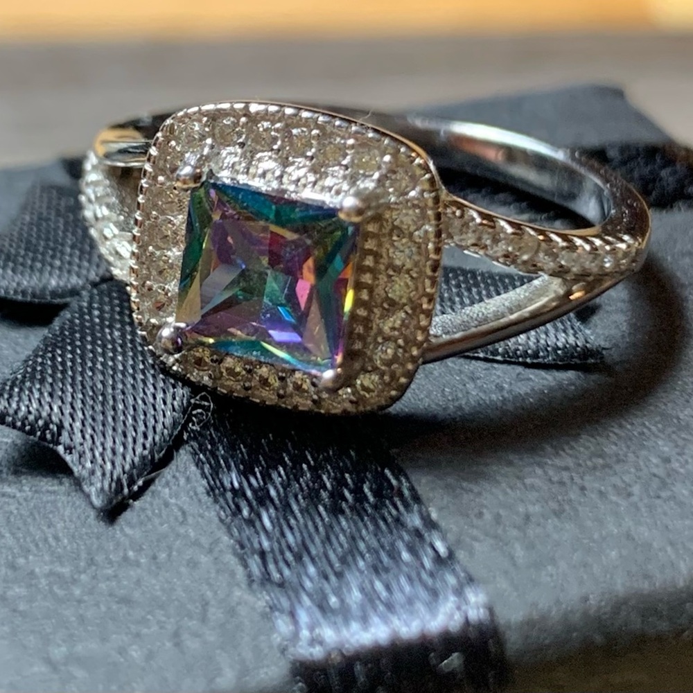 Iridescent Silver Ring with Square Gemstone
